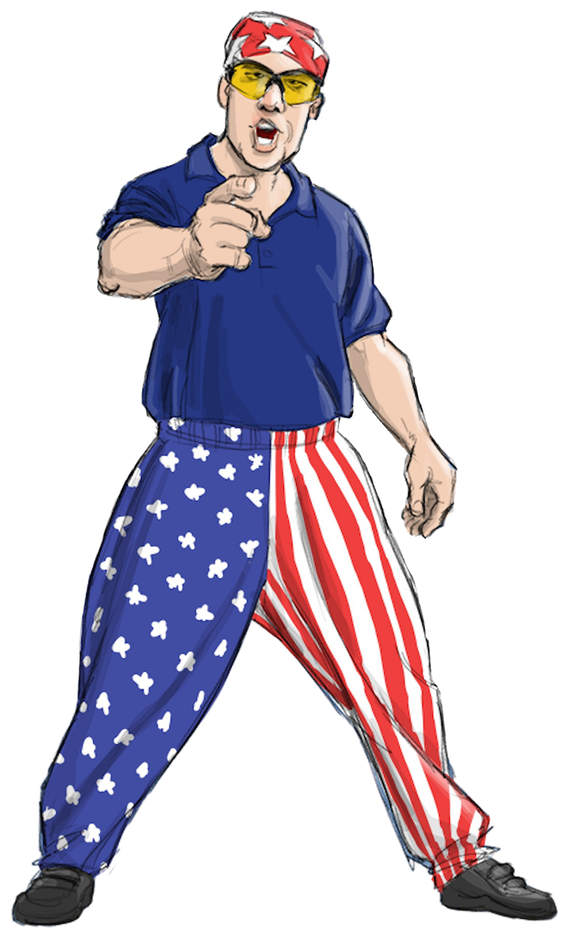 Illustration of Rex standing with red starred bandana and patriotic pants